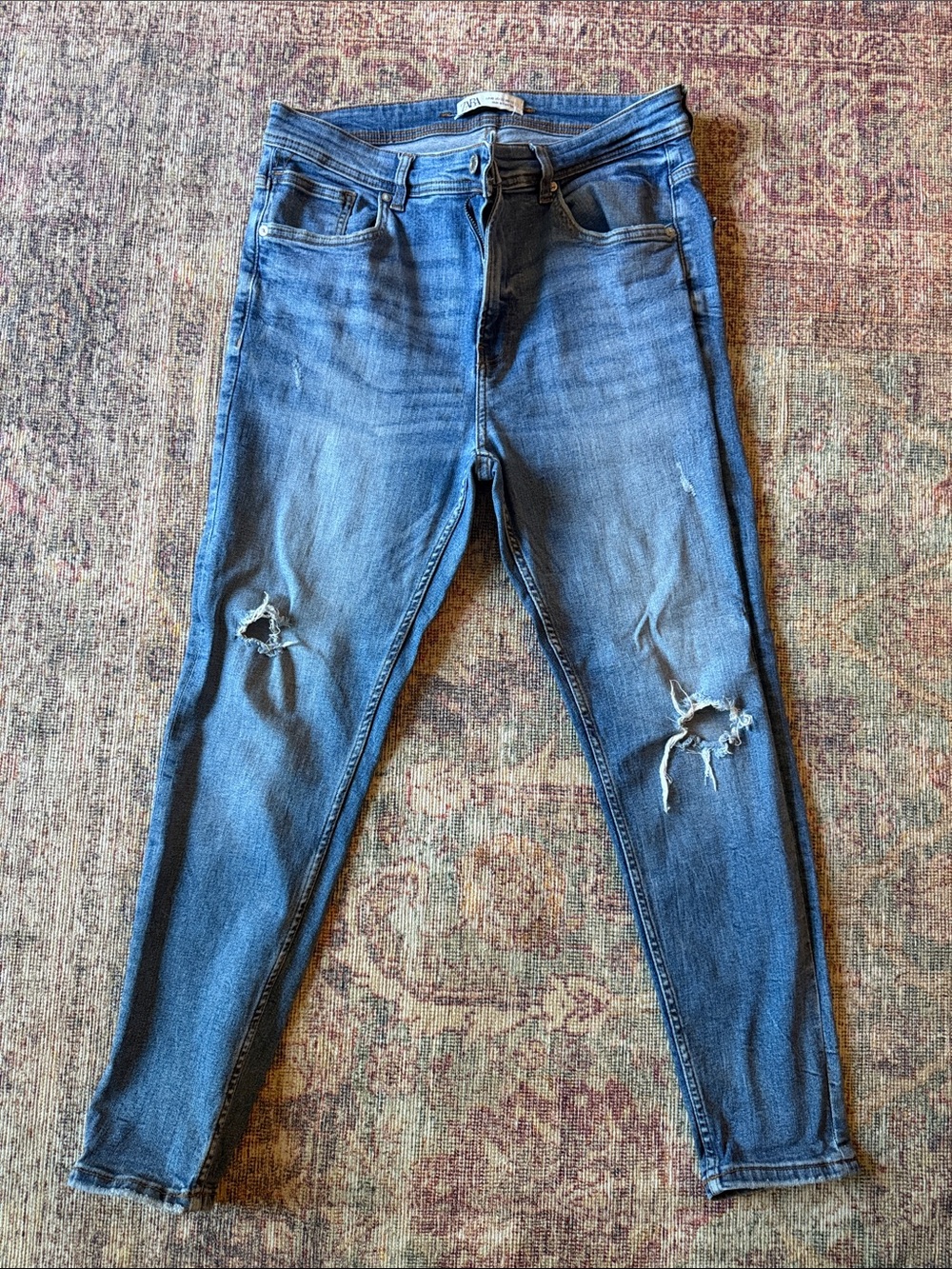 Zara Blue Skinny Ripped Knee Jeans